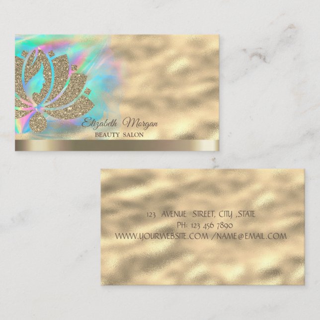 Guld Glitter Lotus Holografisk Bläck Skönhet  Visitkort (Fram/baksida)