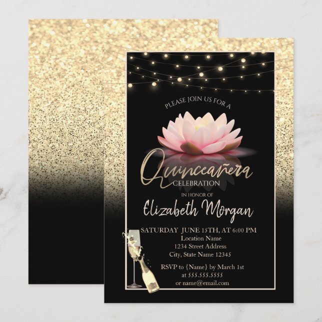 Guld Glitter,Lotus,Vin Glass Quinceanera Inbjudningar (Fram/baksida)