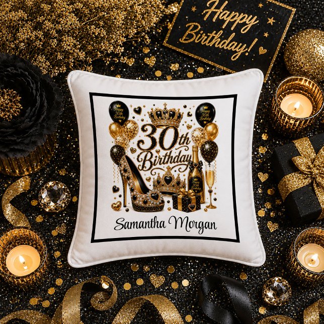 Guld Glitter Lyx 30-års Födelsedagsfest Kudde (Gold Glitter Luxe 30th Birthday Party Pillow)