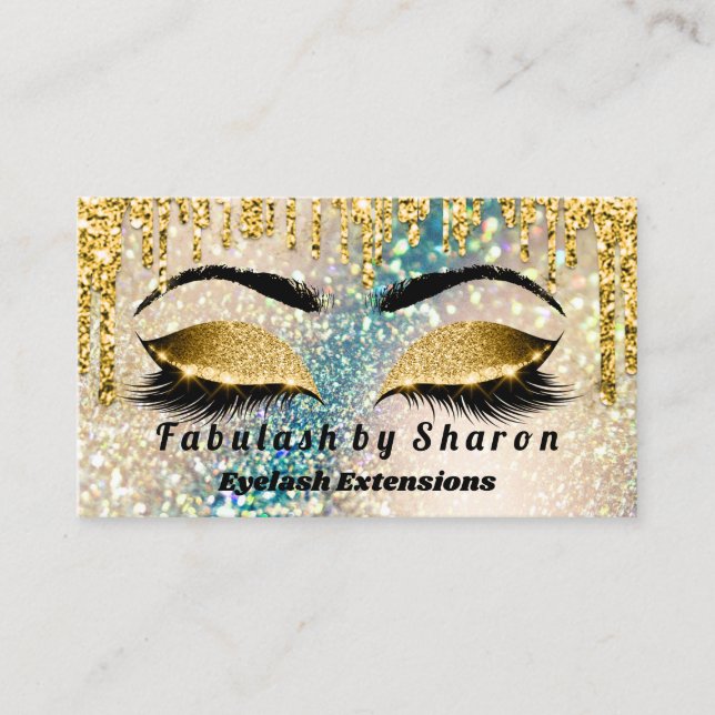 Guld Glitter Makeup Artist Lash Holograph Teal Visitkort (Framsida)