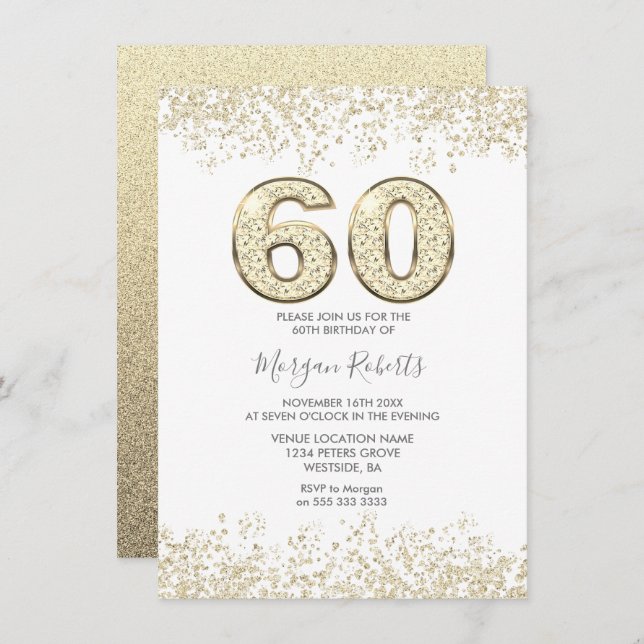 Guld Glitter Manar eller Kuba 60:e Födelsedagsfest Inbjudningar (Fram/baksida)