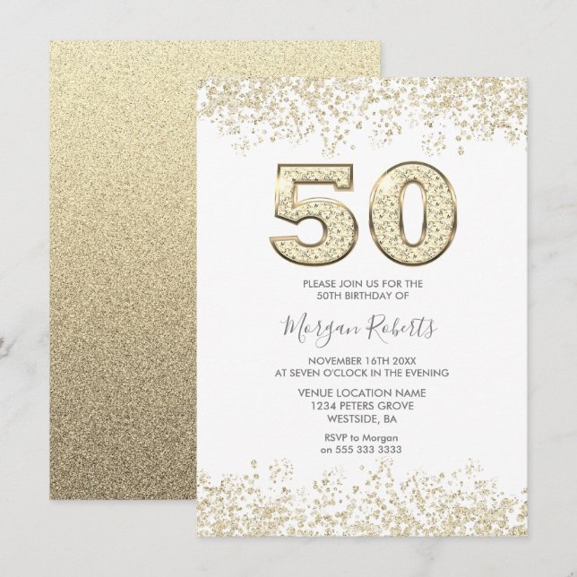 Guld Glitter Manar eller Womans 50:e Födelsedagsfe Inbjudningar (Fram/baksida)