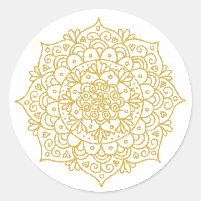 Guld Glitter Mandala Blomma Runt Klistermärke (Framsida)