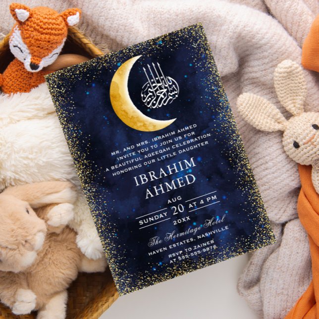 Guld Glitter Måne Watercolor Space Islamic Aqiqa Inbjudningar (Skapare uppladdad)