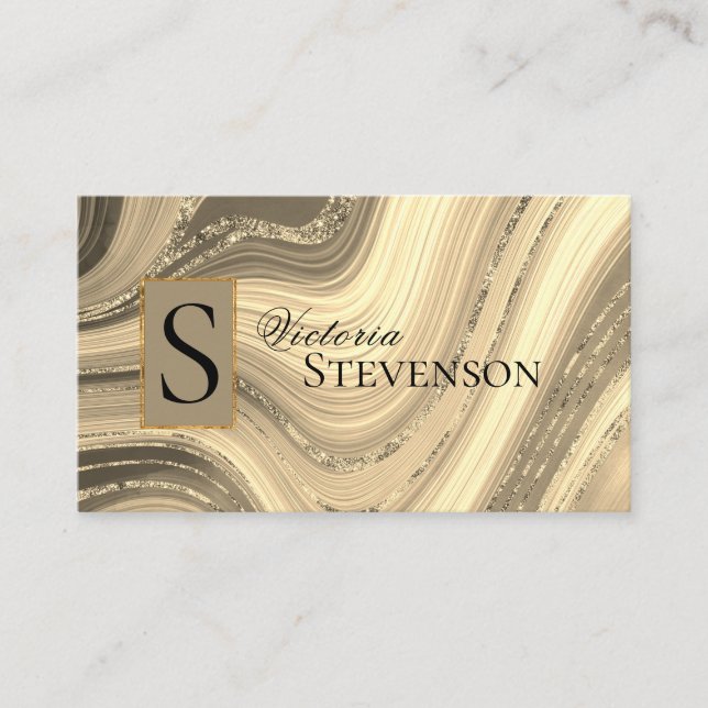 Guld Glitter Marble Monogram Elegant Abstrakt Visitkort (Framsida)