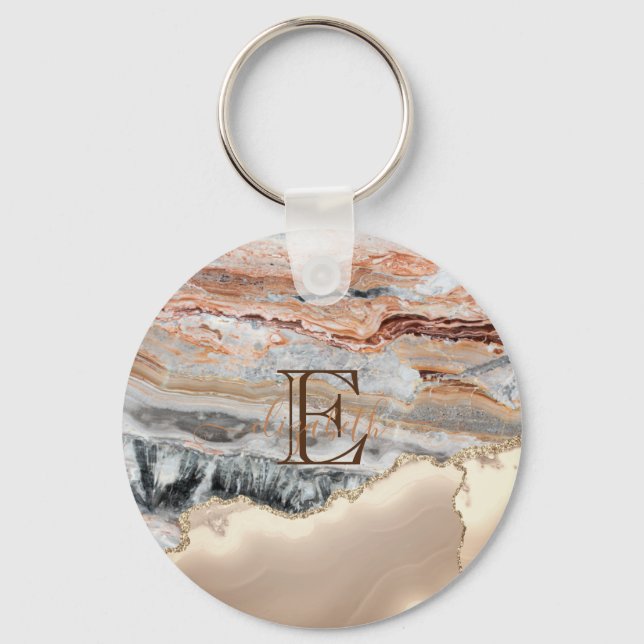 Guld Glitter Marble Stone Monogram Nyckelring (Framsida)