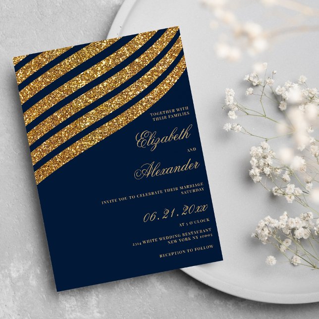 Guld glitter, marin blå geometrisk abstrakt bröllo inbjudningar (Gold glitter navy blue geometric abstract wedding )