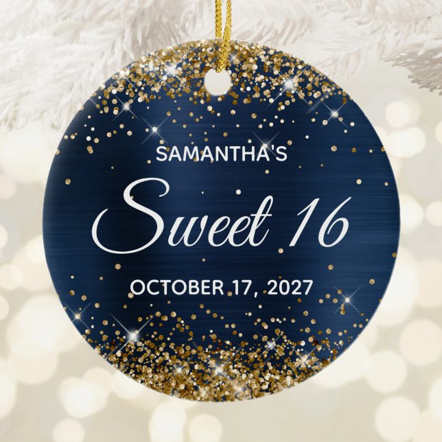Guld Glitter Marinblå Folie Sweet 16 Födelsedag Julgransprydnad Keramik (Gold Glitter Navy Blue Foil Sweet 16 Birthday Ceramic Ornament)
