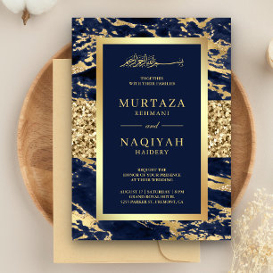 Guld Glitter marinblå marmormuslim Bröllop Inbjudningar