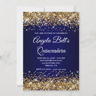 Guld Glitter Marinblå Ombre Quinceanera Inbjudningar