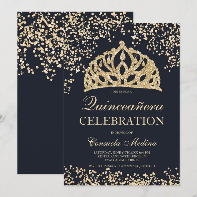 guld glitter marinblå tiara Quinceañera Inbjudningar (Fram/baksida)