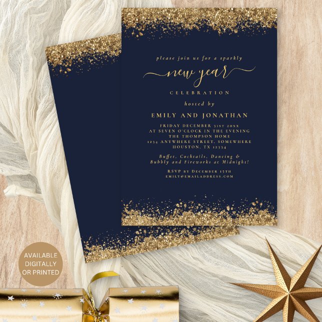 Guld Glitter, marinblått Nyårsafton Party Inbjudningar (Front and back view. Available digitally and printed.)