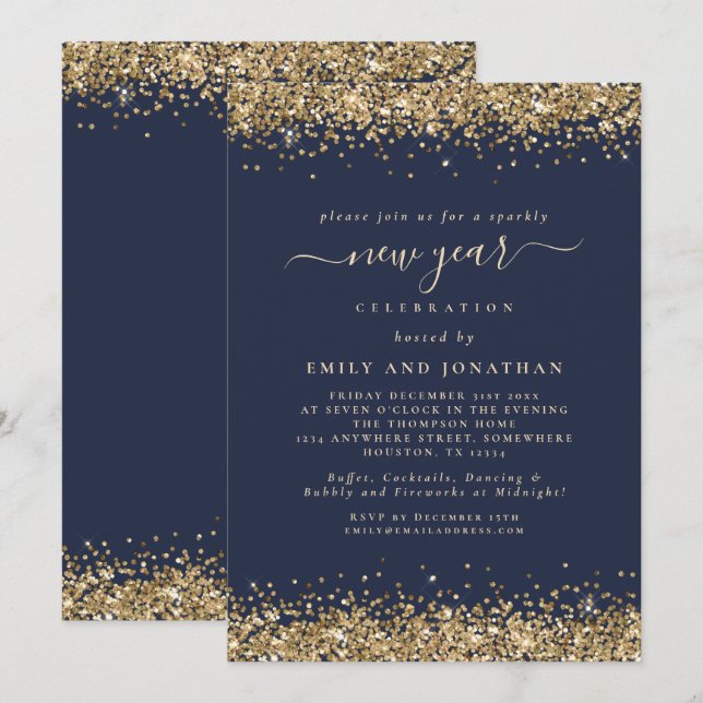 Guld Glitter, marinblått Nyårsafton Party Inbjudningar (Fram/baksida)