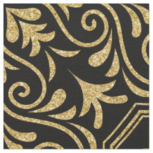 Guld Glitter marockanskt Blommönster i Svarta have Tyg