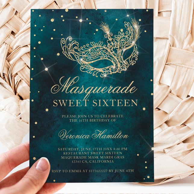 guld glitter maskmaskmaskera grönt Söt 16 Inbjudningar (Skapare uppladdad)