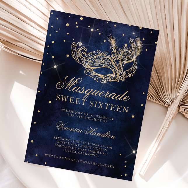 guld glitter maskmaskmaskeringmasken marin blå söt inbjudningar (Skapare uppladdad)