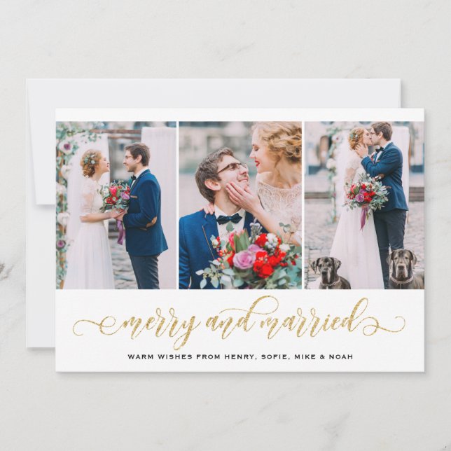 Guld Glitter Merry & Married Photo Collage Helgdag Julkort (Framsida)