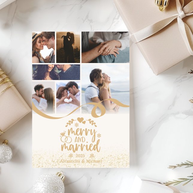 Guld Glitter Merry och Married 7 Photo Julkort (Skapare uppladdad)