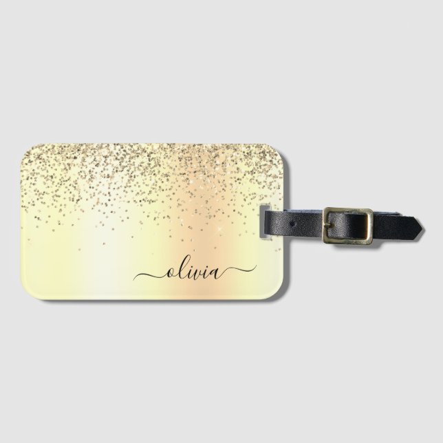 Guld Glitter Metall Monogram Glam Namn Bagagebricka (Framsida horisontal)