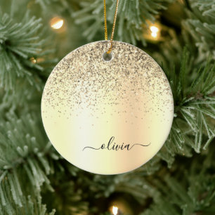 Guld Glitter Metall Monogram Glam Namn Julgransprydnad Keramik