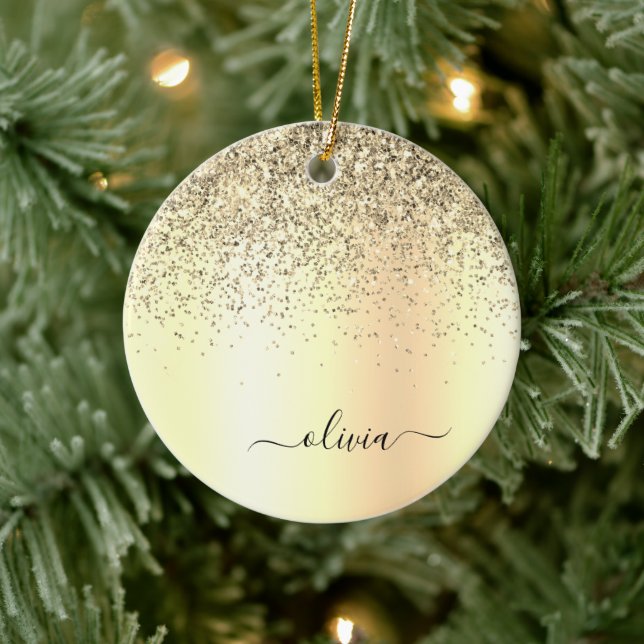 Guld Glitter Metall Monogram Glam Namn Julgransprydnad Keramik (Träd)