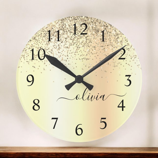 Guld Glitter Metall Monogram Glam Namn Stor Klocka (Skapare uppladdad)