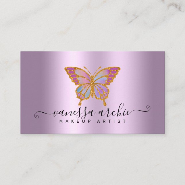 Guld Glitter Metallic Lila Foil Butterfly Logotyp Visitkort (Framsida)