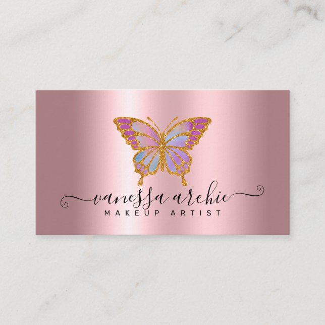 Guld Glitter Metallic Rosa Foil Butterfly Logotyp Visitkort (Framsida)