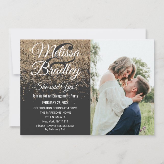 Guld Glitter-miniatyrdiagram, svart Förlovning Inbjudningar (Framsida)