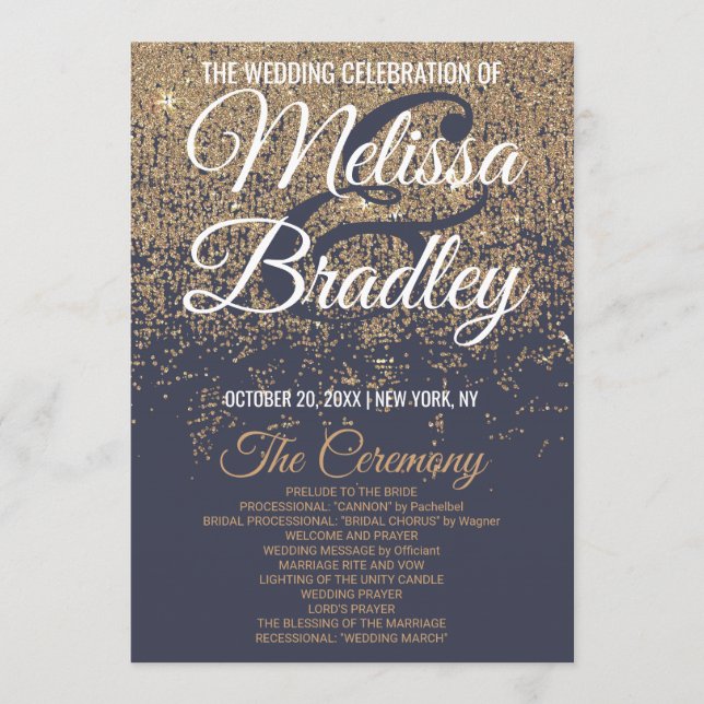 Guld Glitter-miniatyrfartyg, blå Bröllopsprogram Program (Framsida)