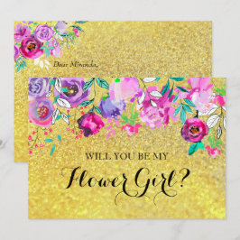 Guld Glitter Mint Lila Blommor Floralt Pojkkort Inbjudningar