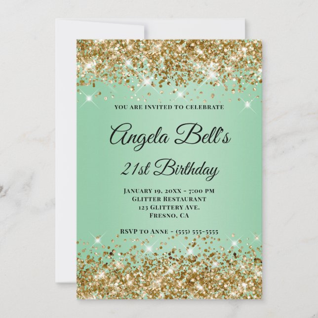 Guld Glitter Mint Ombre Monogram 21-årsfirande Inbjudningar (Framsida)