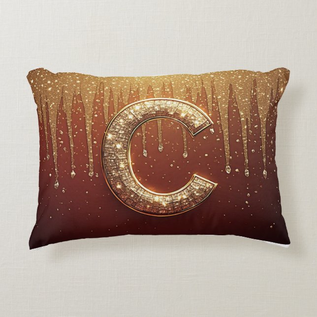 Guld Glitter Monogram C Bokstav Röd Initial Prydnadskudde (Framsidan)