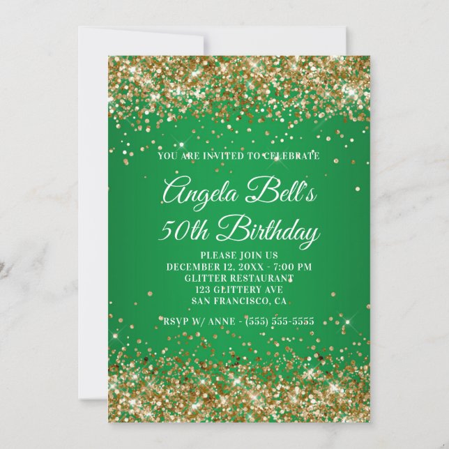 Guld Glitter Monogram Grönt Ombre 50:e födelsedage Inbjudningar (Baksida)