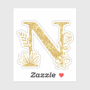 Guld Glitter Monogram Initial N Blommigt Sticker Klistermärken