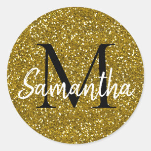 Guld Glitter Monogram Initial Namn Runt Klistermärke