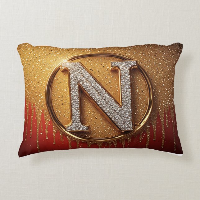 Guld Glitter Monogram N Initial Bokstav  Prydnadskudde (Framsidan)