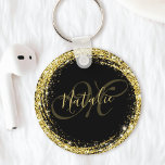 Guld Glitter Monogram Namn Svart Glamorös Nyckelring<br><div class="desc">Personalisera enkelt denna lyxiga glamorösa guldglittrande nyckelring med ditt anpassade namn och monogram.</div>