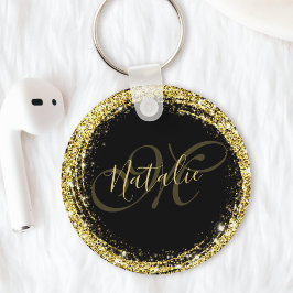 Guld Glitter Monogram Namn Svart Glamourös Nyckelring