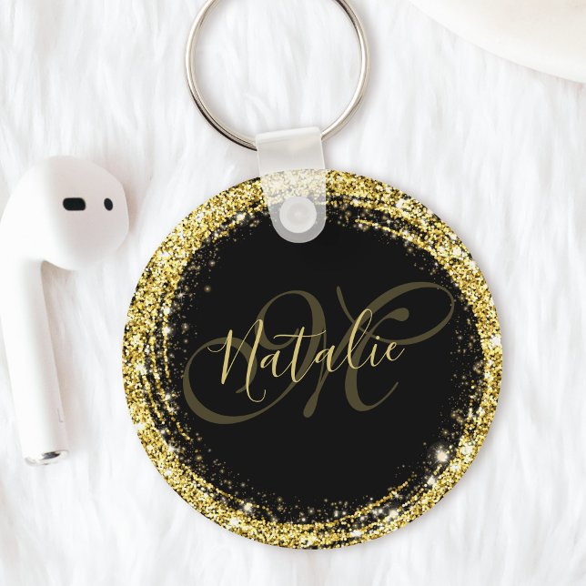 Guld Glitter Monogram Namn Svart Glamourös Nyckelring (Skapare uppladdad)