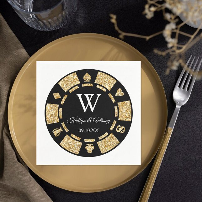 Guld Glitter Monogram Poker Chip Casino Bröllop Pappersservett (Skapare uppladdad)