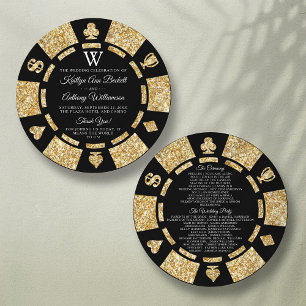 Guld Glitter Monogram Poker Chip Casino Bröllop Program