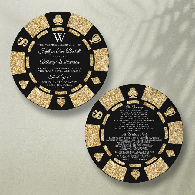 Guld Glitter Monogram Poker Chip Casino Bröllop Program (Skapare uppladdad)