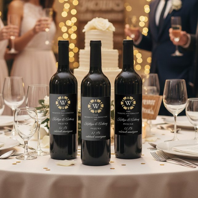 Guld Glitter Monogram Poker Chip Casino Bröllop Vinflaska Etikett (Skapare uppladdad)