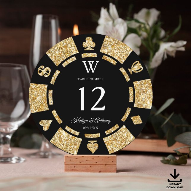 Guld Glitter Monogram Poker Chip Kasino Bröllop Inbjudningar (Skapare uppladdad)