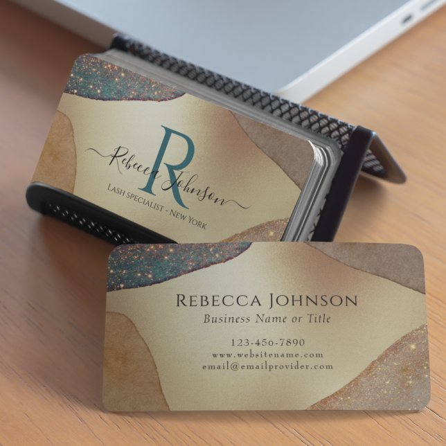 Guld Glitter Monogram Visitkort (Gold business card with blue monogram. )