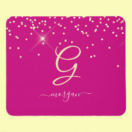 Guld Glitter & Monogram White Script Namn, Fuchsia Musmatta