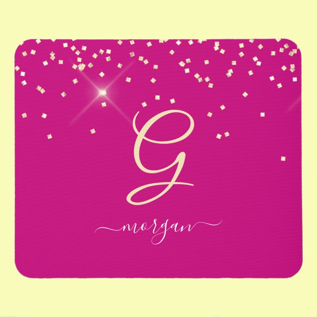 Guld Glitter & Monogram White Script Namn, Fuchsia Musmatta (Skapare uppladdad)