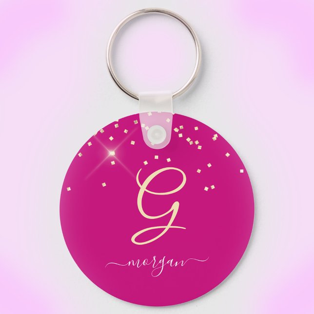 Guld Glitter & Monogram White Script Namn, Fuchsia Nyckelring (Skapare uppladdad)