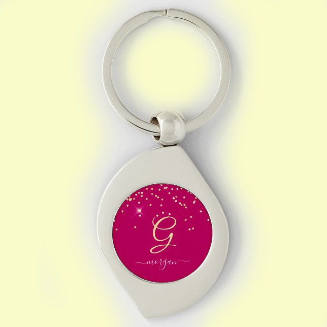 Guld Glitter & Monogram White Script Namn, Fuchsia Swirl Silverfärgad Nyckelring (Skapare uppladdad)